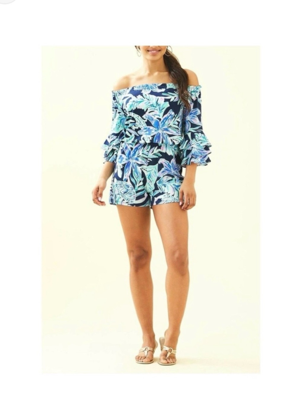 Lilly Pulitzer Calla Ruffle High Tide Romper Off shoulder Tropical Resortwear